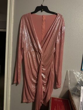 Shimmery Rose Pink Draped Long Sleeve Mini Dress
